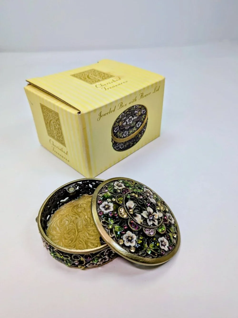 Magical Floral & Butterfly Keepsake Jeweled Trinket Box Metal, Enamel w Box